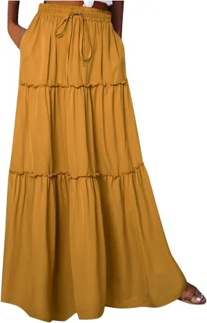 Women's Summer Pleated Maxi Skirts Ruffle Beach Long Skirt Elegant Solid Bohemian Vacation Skirts 2025 Trendy