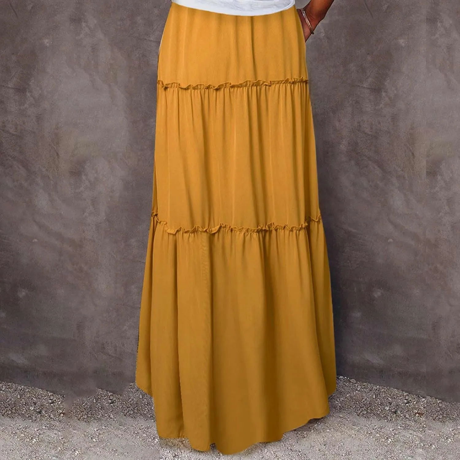 Women's Summer Pleated Maxi Skirts Ruffle Beach Long Skirt Elegant Solid Bohemian Vacation Skirts 2025 Trendy