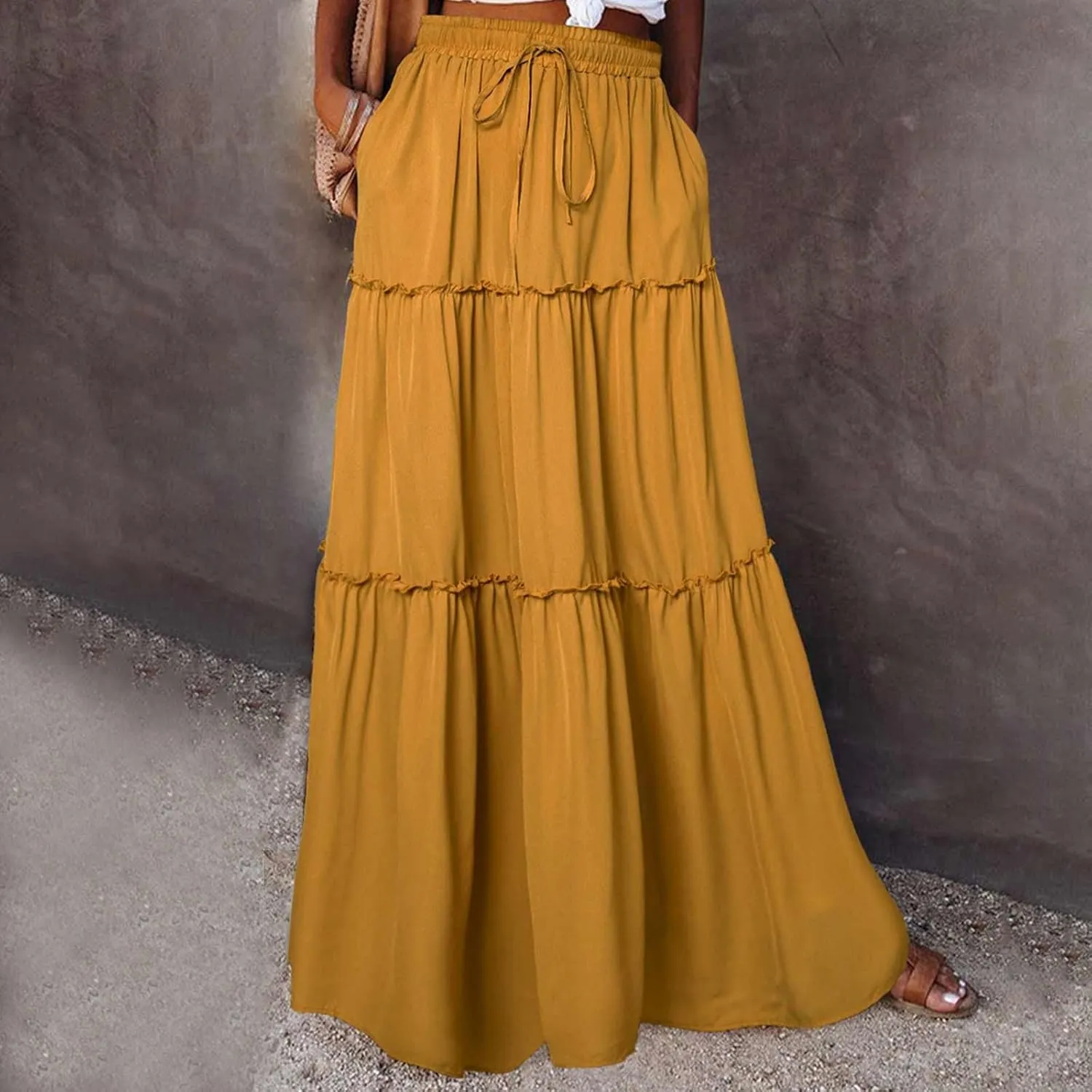 Women's Summer Pleated Maxi Skirts Ruffle Beach Long Skirt Elegant Solid Bohemian Vacation Skirts 2025 Trendy