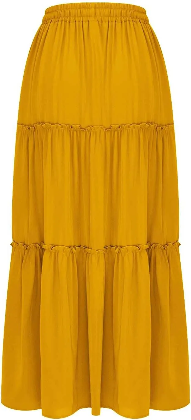 Women's Summer Pleated Maxi Skirts Ruffle Beach Long Skirt Elegant Solid Bohemian Vacation Skirts 2025 Trendy