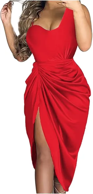 Women's Summer Sexy Elegant Trendy Solid Color Cold Shoulder Sequins Split Party Cocktail Prom Dress, S-3XL