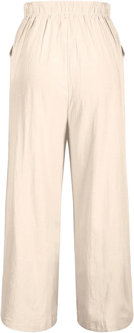 Women's Summer Solid Color Embroidery Linen Wide Leg Pants Elastic Waist Casual Capris Palazzo Trousers with Pockets