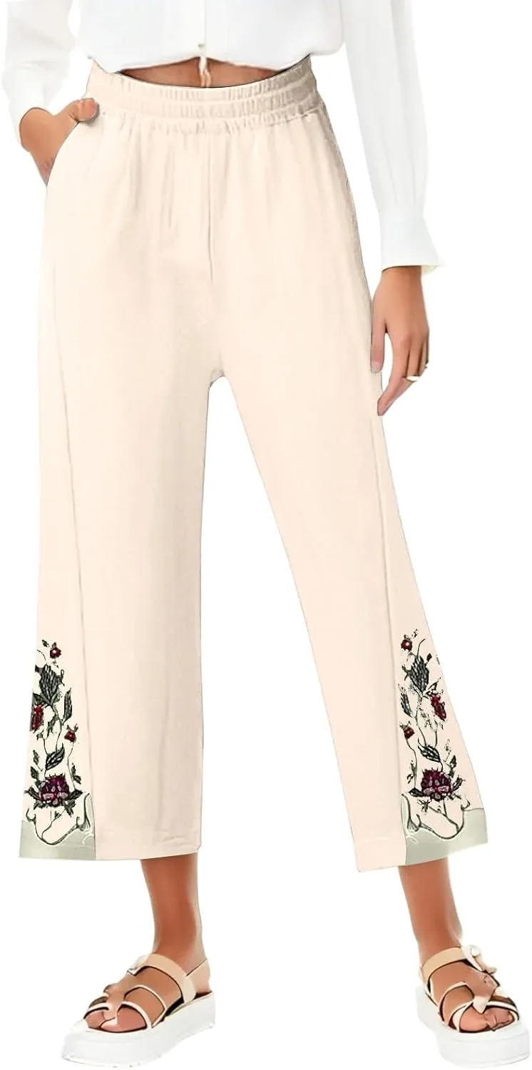 Women's Summer Solid Color Embroidery Linen Wide Leg Pants Elastic Waist Casual Capris Palazzo Trousers with Pockets