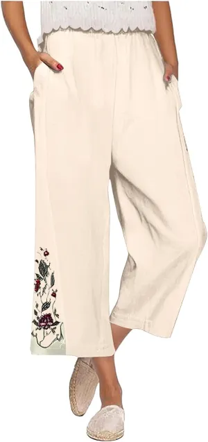 Women's Summer Solid Color Embroidery Linen Wide Leg Pants Elastic Waist Casual Capris Palazzo Trousers with Pockets