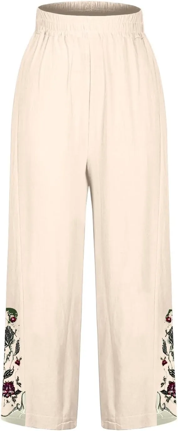 Women's Summer Solid Color Embroidery Linen Wide Leg Pants Elastic Waist Casual Capris Palazzo Trousers with Pockets