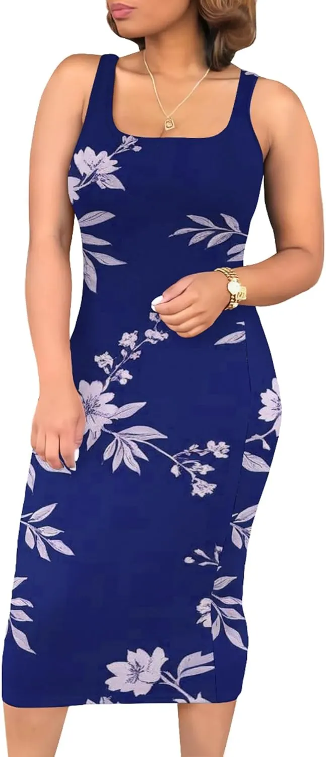 Women's Summer Sundress Sleeveless Square Neck Autumn Boho Floral Print Tie Dye Elastic Waist Ruffle Midi Dresses 2024