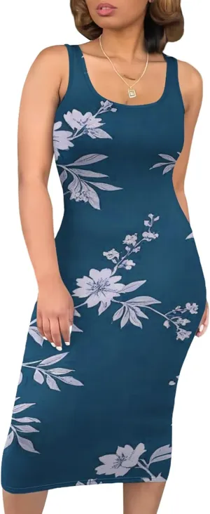 Women's Summer Sundress Sleeveless Square Neck Autumn Boho Floral Print Tie Dye Elastic Waist Ruffle Midi Dresses 2024