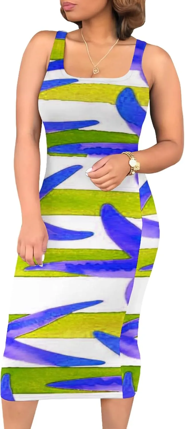 Women's Summer Sundress Sleeveless Square Neck Autumn Boho Floral Print Tie Dye Elastic Waist Ruffle Midi Dresses 2024