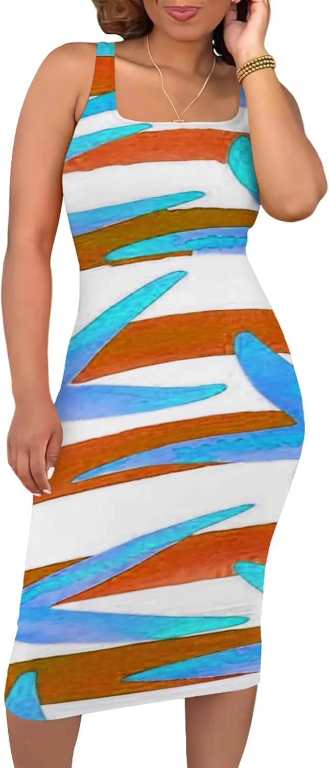 Women's Summer Sundress Sleeveless Square Neck Autumn Boho Floral Print Tie Dye Elastic Waist Ruffle Midi Dresses 2024