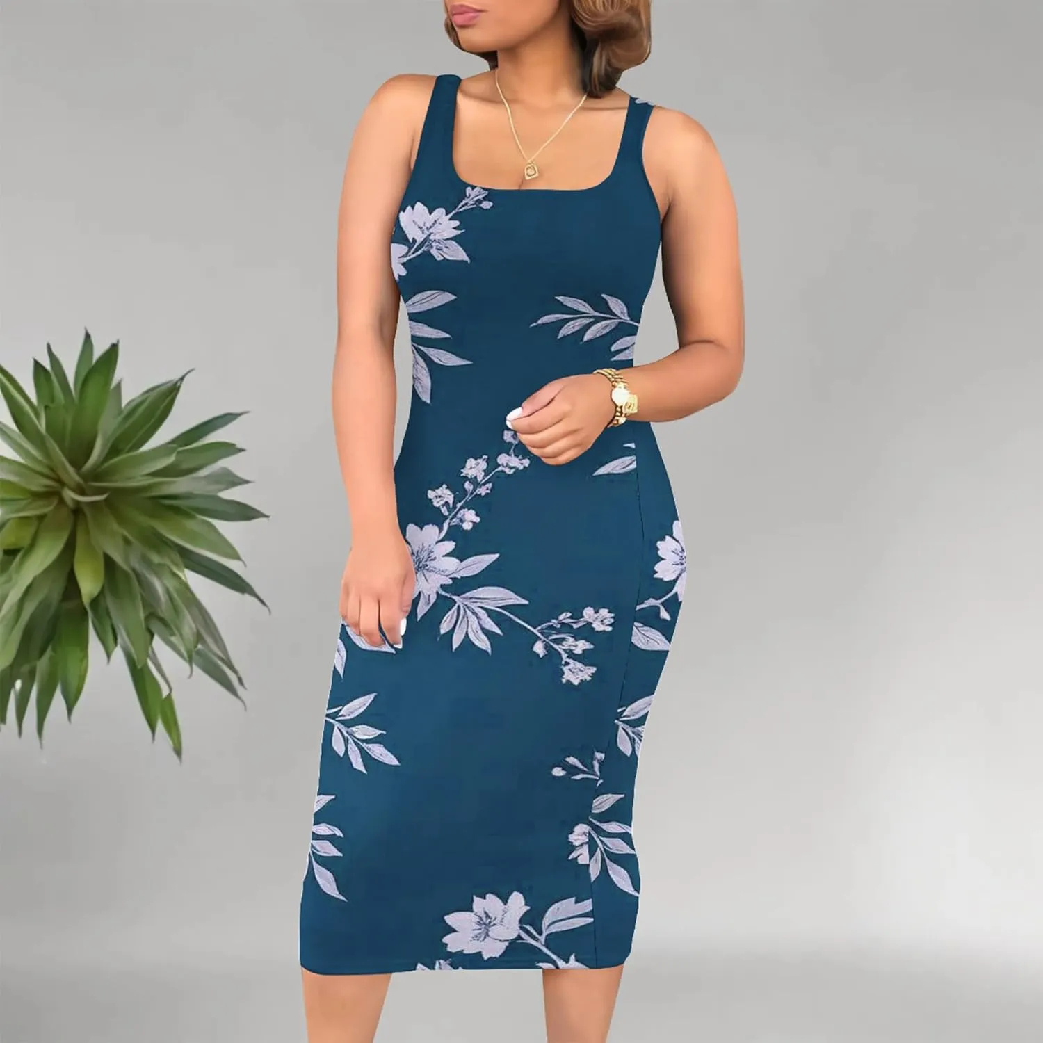 Women's Summer Sundress Sleeveless Square Neck Autumn Boho Floral Print Tie Dye Elastic Waist Ruffle Midi Dresses 2024