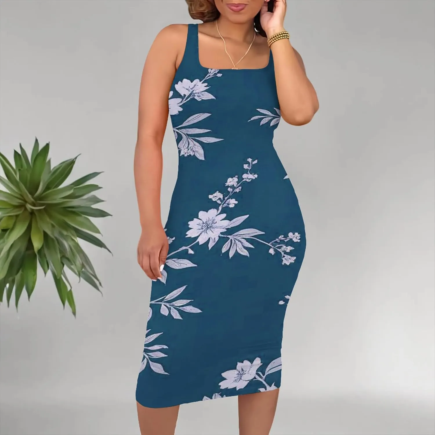 Women's Summer Sundress Sleeveless Square Neck Autumn Boho Floral Print Tie Dye Elastic Waist Ruffle Midi Dresses 2024