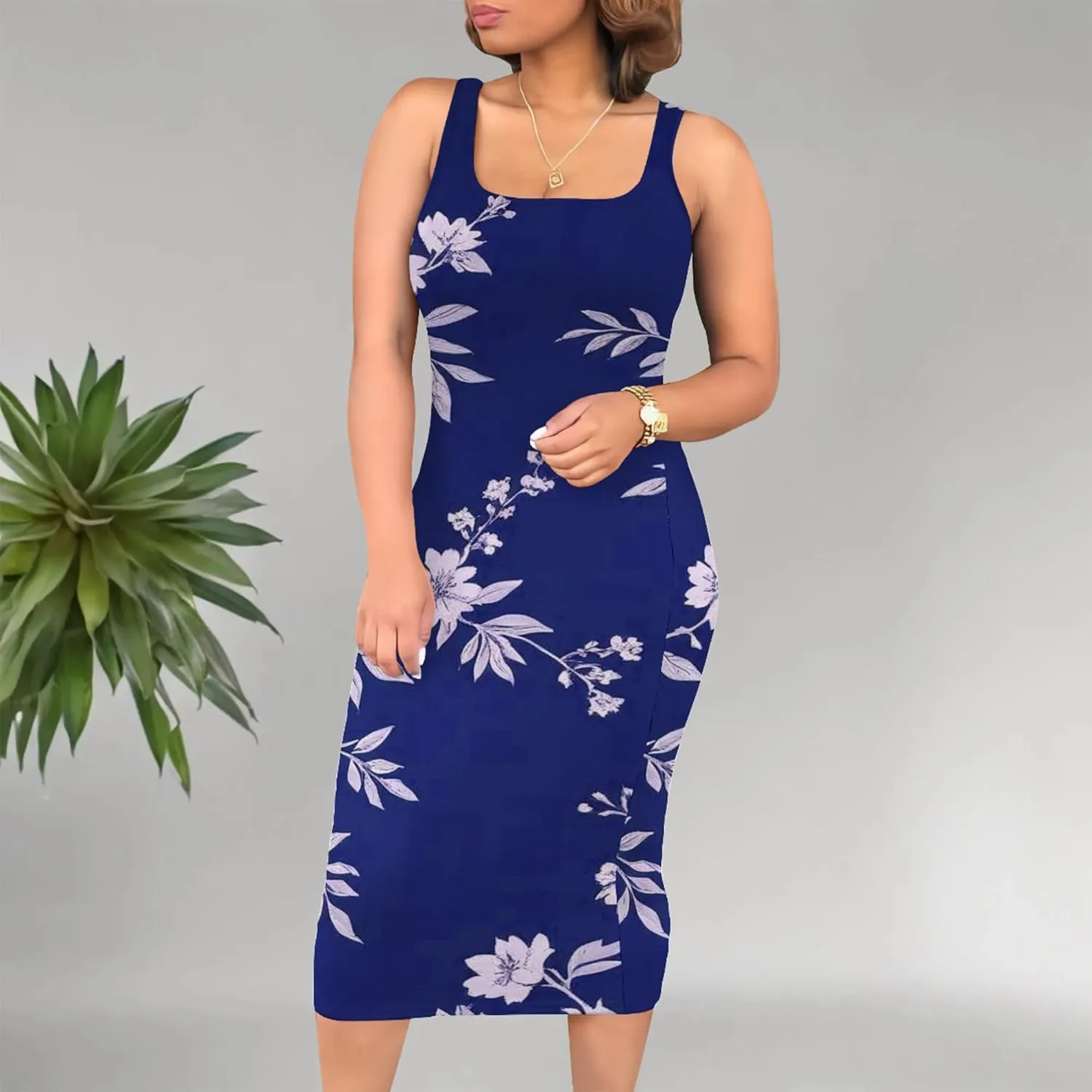 Women's Summer Sundress Sleeveless Square Neck Autumn Boho Floral Print Tie Dye Elastic Waist Ruffle Midi Dresses 2024