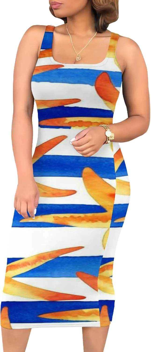 Women's Summer Sundress Sleeveless Square Neck Autumn Boho Floral Print Tie Dye Elastic Waist Ruffle Midi Dresses 2024