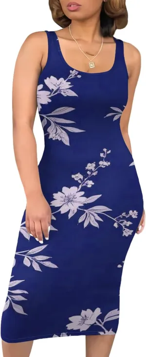 Women's Summer Sundress Sleeveless Square Neck Autumn Boho Floral Print Tie Dye Elastic Waist Ruffle Midi Dresses 2024