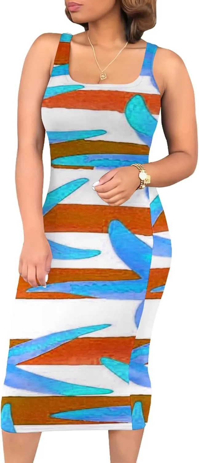Women's Summer Sundress Sleeveless Square Neck Autumn Boho Floral Print Tie Dye Elastic Waist Ruffle Midi Dresses 2024