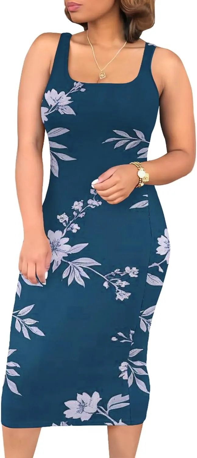 Women's Summer Sundress Sleeveless Square Neck Autumn Boho Floral Print Tie Dye Elastic Waist Ruffle Midi Dresses 2024
