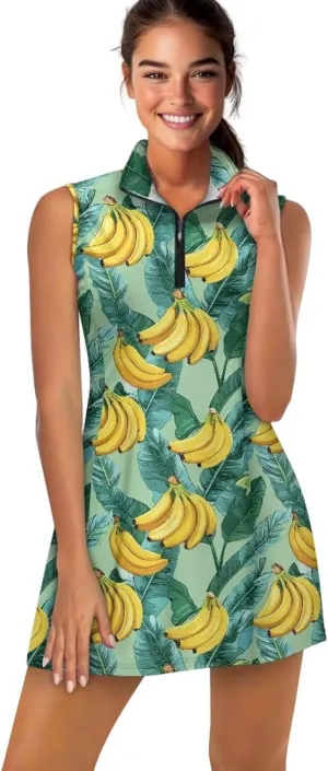Women's Tennis Golf Dresses with Built in Shorts and Pockets Zip Up Athletic Sleeveless Dress Workout Activewear