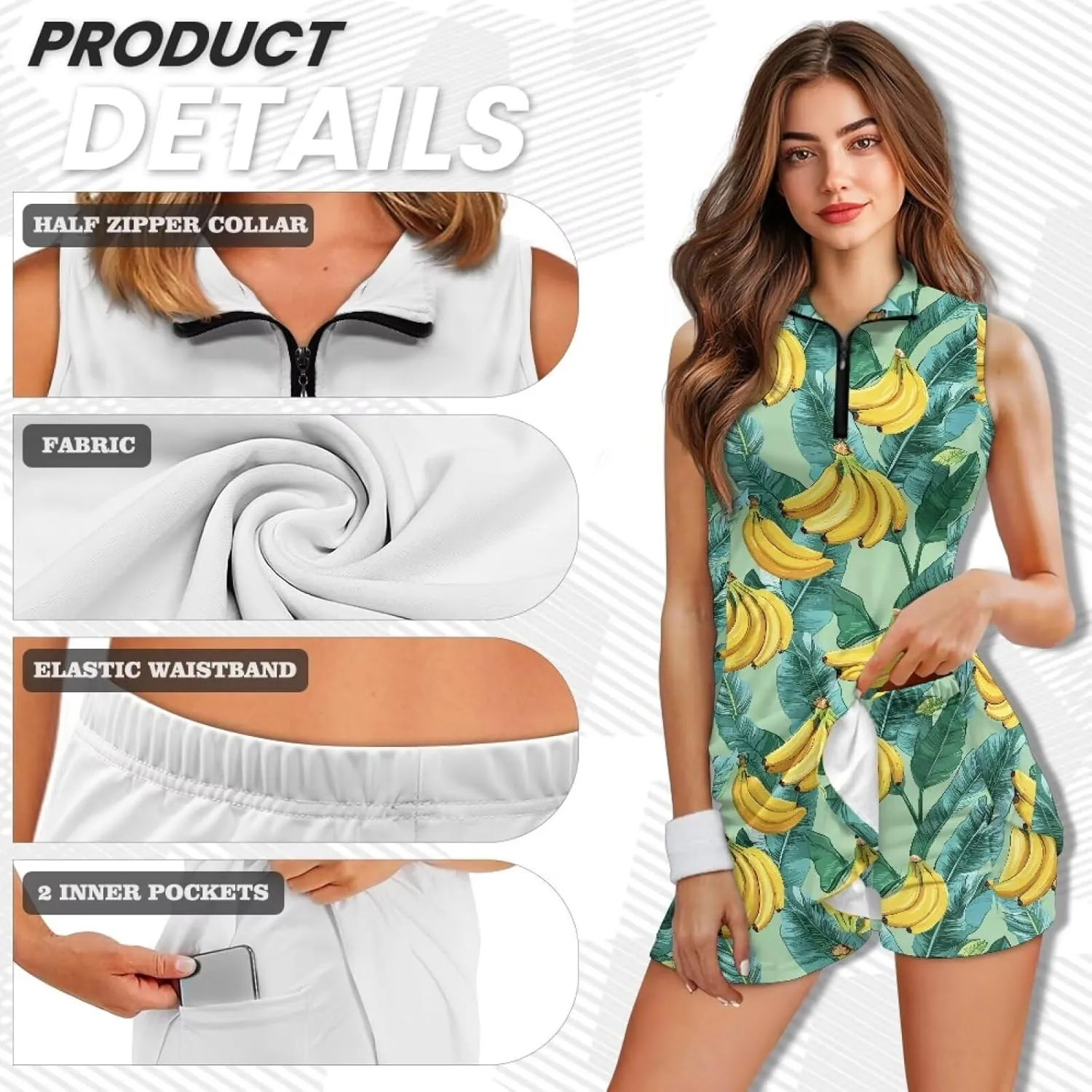 Women's Tennis Golf Dresses with Built in Shorts and Pockets Zip Up Athletic Sleeveless Dress Workout Activewear
