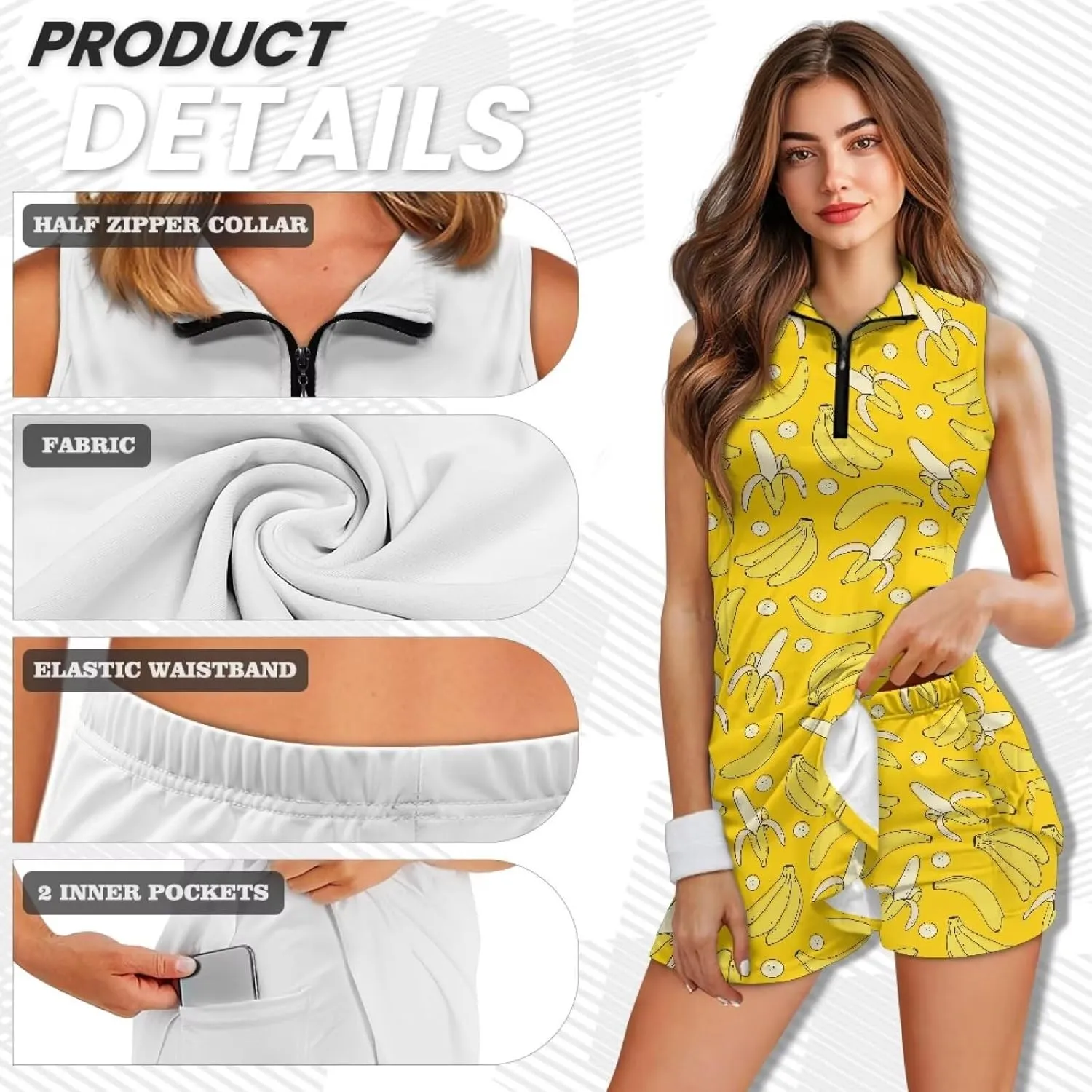 Women's Tennis Golf Dresses with Built in Shorts and Pockets Zip Up Athletic Sleeveless Dress Workout Activewear