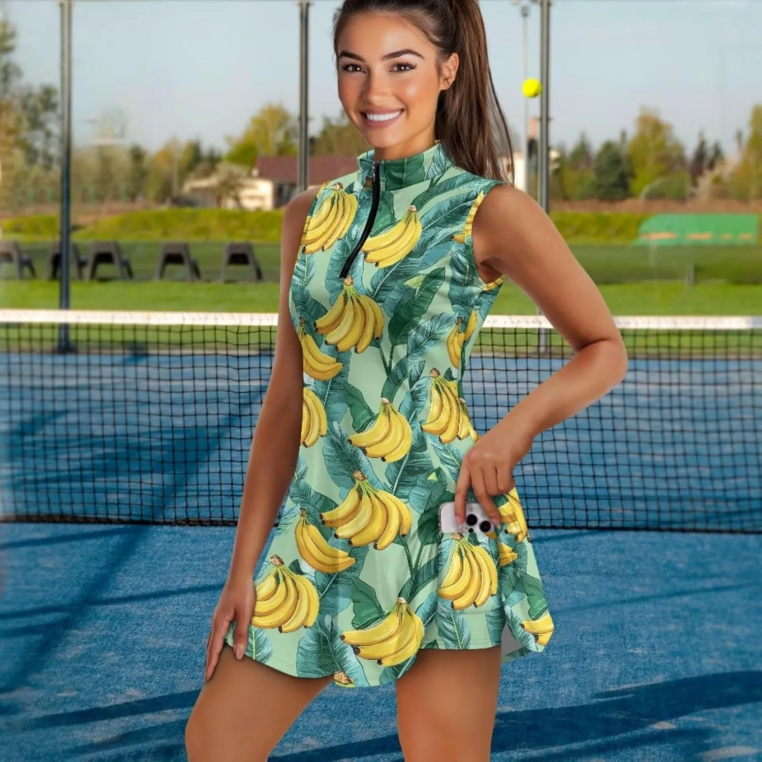 Women's Tennis Golf Dresses with Built in Shorts and Pockets Zip Up Athletic Sleeveless Dress Workout Activewear