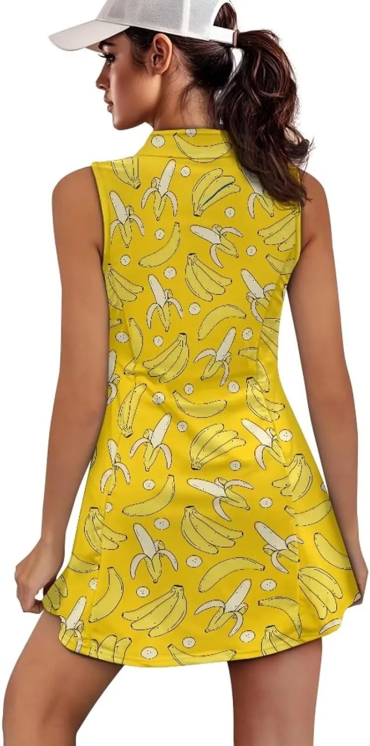 Women's Tennis Golf Dresses with Built in Shorts and Pockets Zip Up Athletic Sleeveless Dress Workout Activewear