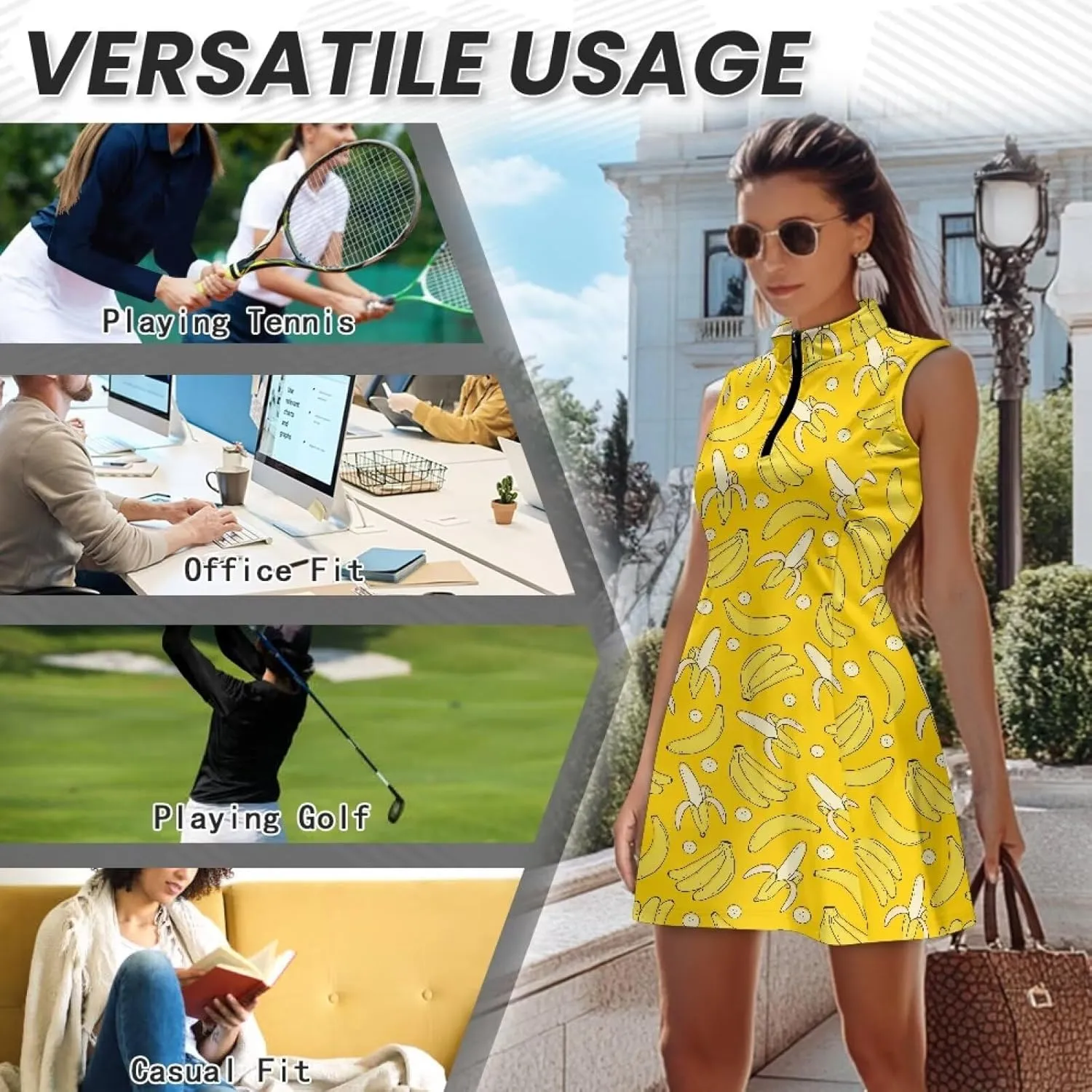 Women's Tennis Golf Dresses with Built in Shorts and Pockets Zip Up Athletic Sleeveless Dress Workout Activewear