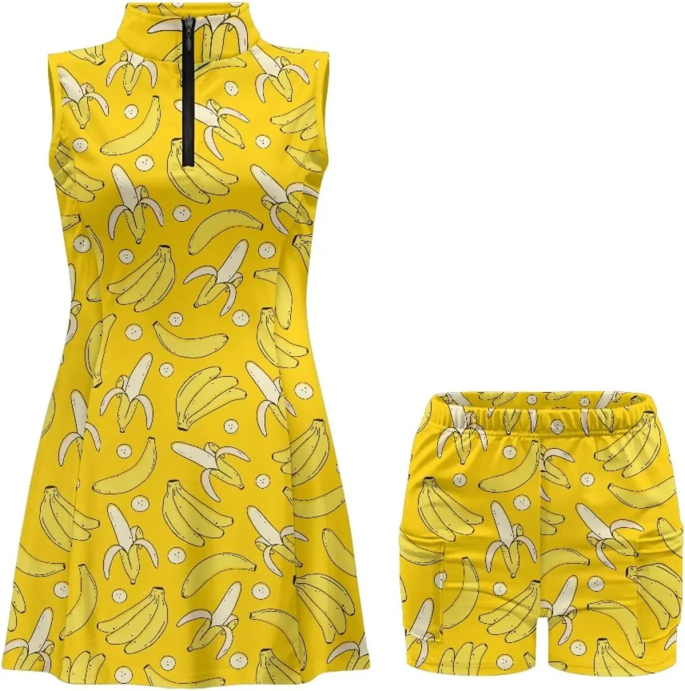 Women's Tennis Golf Dresses with Built in Shorts and Pockets Zip Up Athletic Sleeveless Dress Workout Activewear