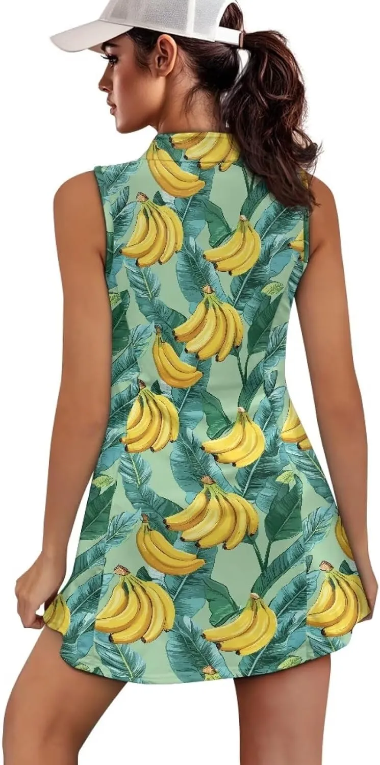Women's Tennis Golf Dresses with Built in Shorts and Pockets Zip Up Athletic Sleeveless Dress Workout Activewear