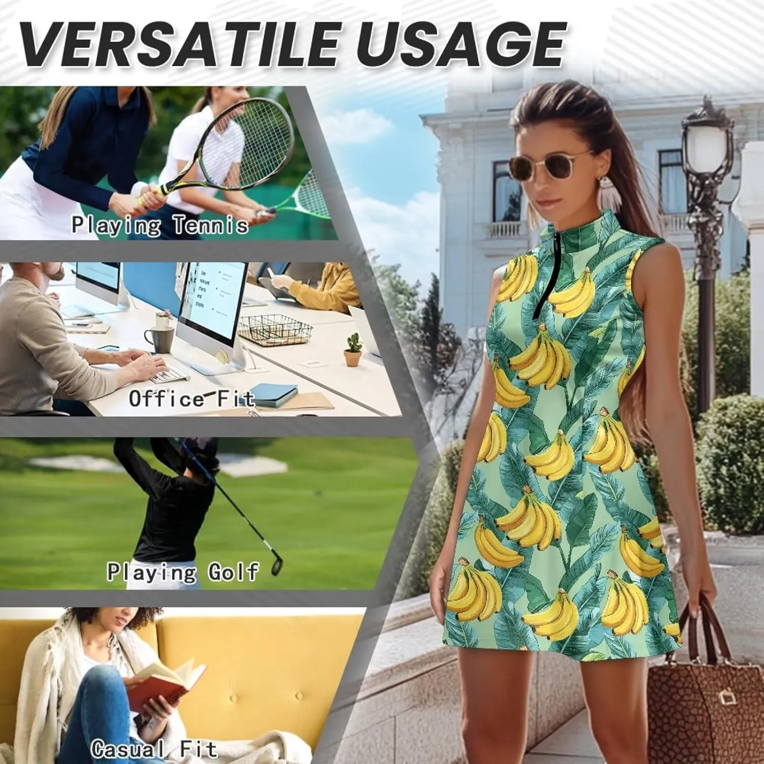 Women's Tennis Golf Dresses with Built in Shorts and Pockets Zip Up Athletic Sleeveless Dress Workout Activewear
