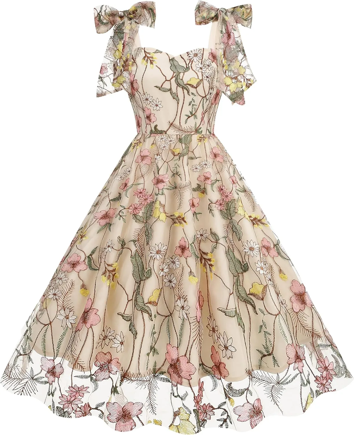 Women's Tie Strap Tulle Prom Dresses Sweetheart Flower Embroidery Dress Short Formal Party Mini Homecoming Dresses