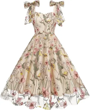 Women's Tie Strap Tulle Prom Dresses Sweetheart Flower Embroidery Dress Short Formal Party Mini Homecoming Dresses