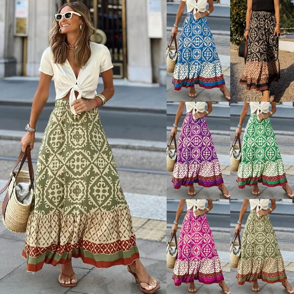 Women's Tiered Paisley Print Bohemian Long Skirts Summer Beach Pleated A Line Elastic High Waist Maxi Skirts for Women