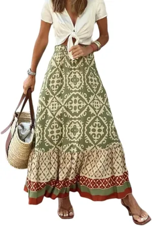 Women's Tiered Paisley Print Bohemian Long Skirts Summer Beach Pleated A Line Elastic High Waist Maxi Skirts for Women