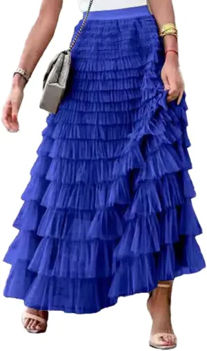 Women's Trendy Long Skirts Elastic Waist Ruffle Tiered Tulle Fairy Skirt Party Cake Puffy Layered Tutu Maxi Skirts