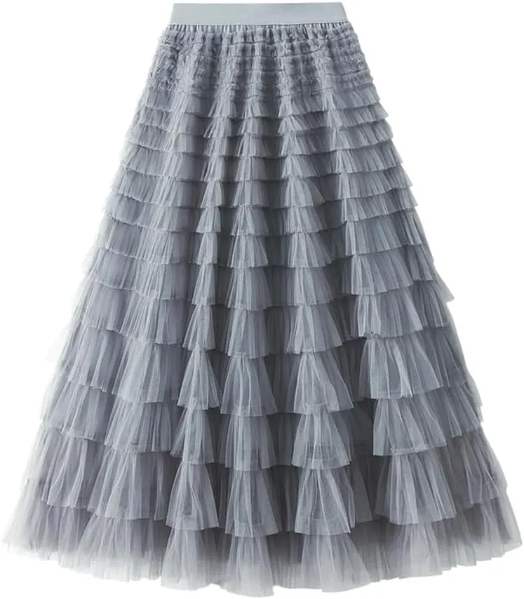 Women's Trendy Long Skirts Elastic Waist Ruffle Tiered Tulle Fairy Skirt Party Cake Puffy Layered Tutu Maxi Skirts