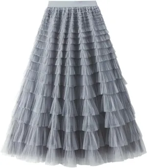 Women's Trendy Long Skirts Elastic Waist Ruffle Tiered Tulle Fairy Skirt Party Cake Puffy Layered Tutu Maxi Skirts