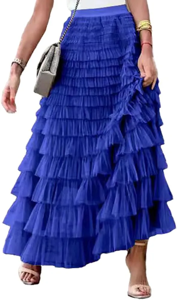 Women's Trendy Long Skirts Elastic Waist Ruffle Tiered Tulle Fairy Skirt Party Cake Puffy Layered Tutu Maxi Skirts