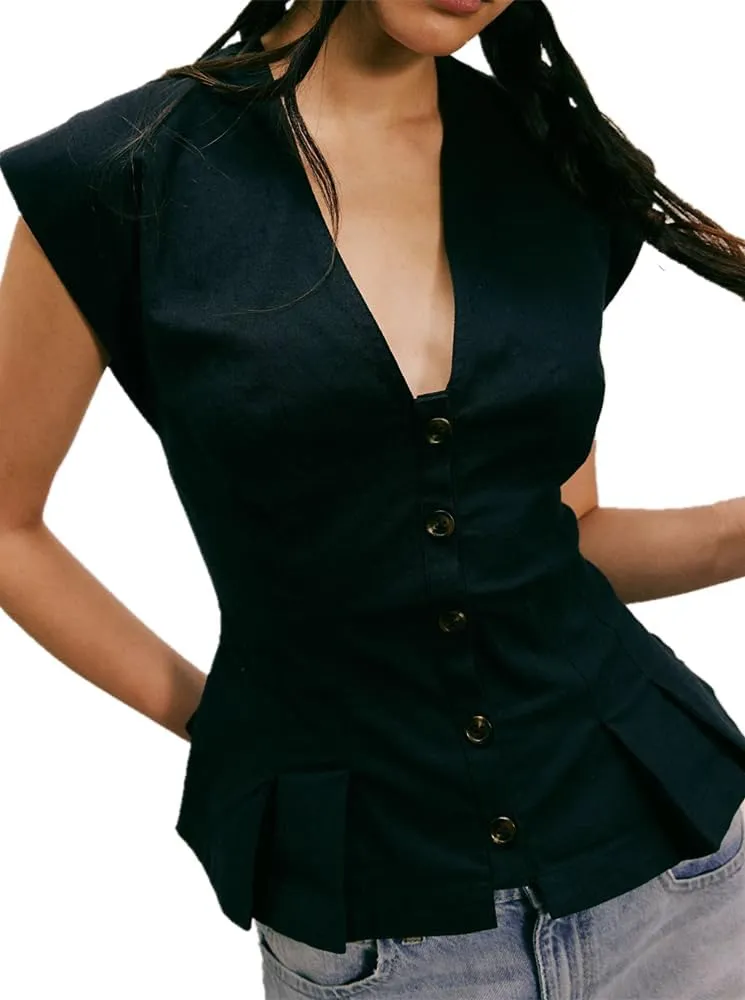 Womens V Neck Button Down Linen Vest Tops Cap Sleeve Fitted Tank Tops Summer Trendy Casual Waistcoat