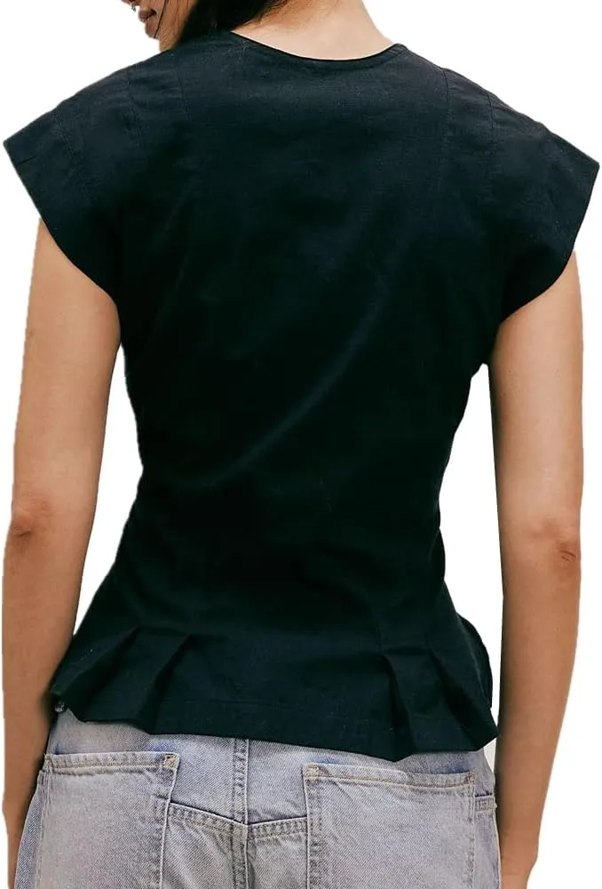 Womens V Neck Button Down Linen Vest Tops Cap Sleeve Fitted Tank Tops Summer Trendy Casual Waistcoat