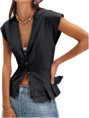 Womens V Neck Button Down Linen Vest Tops Cap Sleeve Fitted Tank Tops Summer Trendy Casual Waistcoat