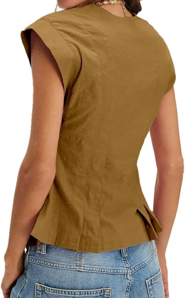 Womens V Neck Button Down Linen Vest Tops Cap Sleeve Fitted Tank Tops Summer Trendy Casual Waistcoat
