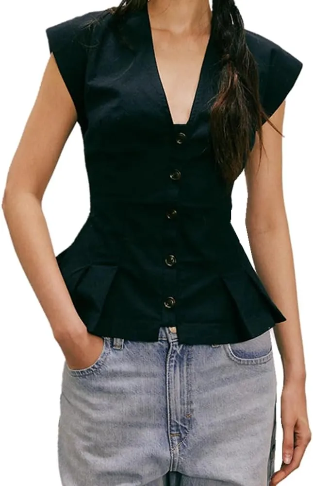 Womens V Neck Button Down Linen Vest Tops Cap Sleeve Fitted Tank Tops Summer Trendy Casual Waistcoat