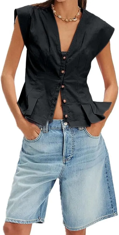 Womens V Neck Button Down Linen Vest Tops Cap Sleeve Fitted Tank Tops Summer Trendy Casual Waistcoat