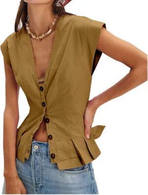 Womens V Neck Button Down Linen Vest Tops Cap Sleeve Fitted Tank Tops Summer Trendy Casual Waistcoat