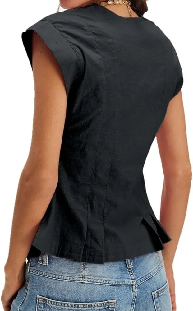 Womens V Neck Button Down Linen Vest Tops Cap Sleeve Fitted Tank Tops Summer Trendy Casual Waistcoat