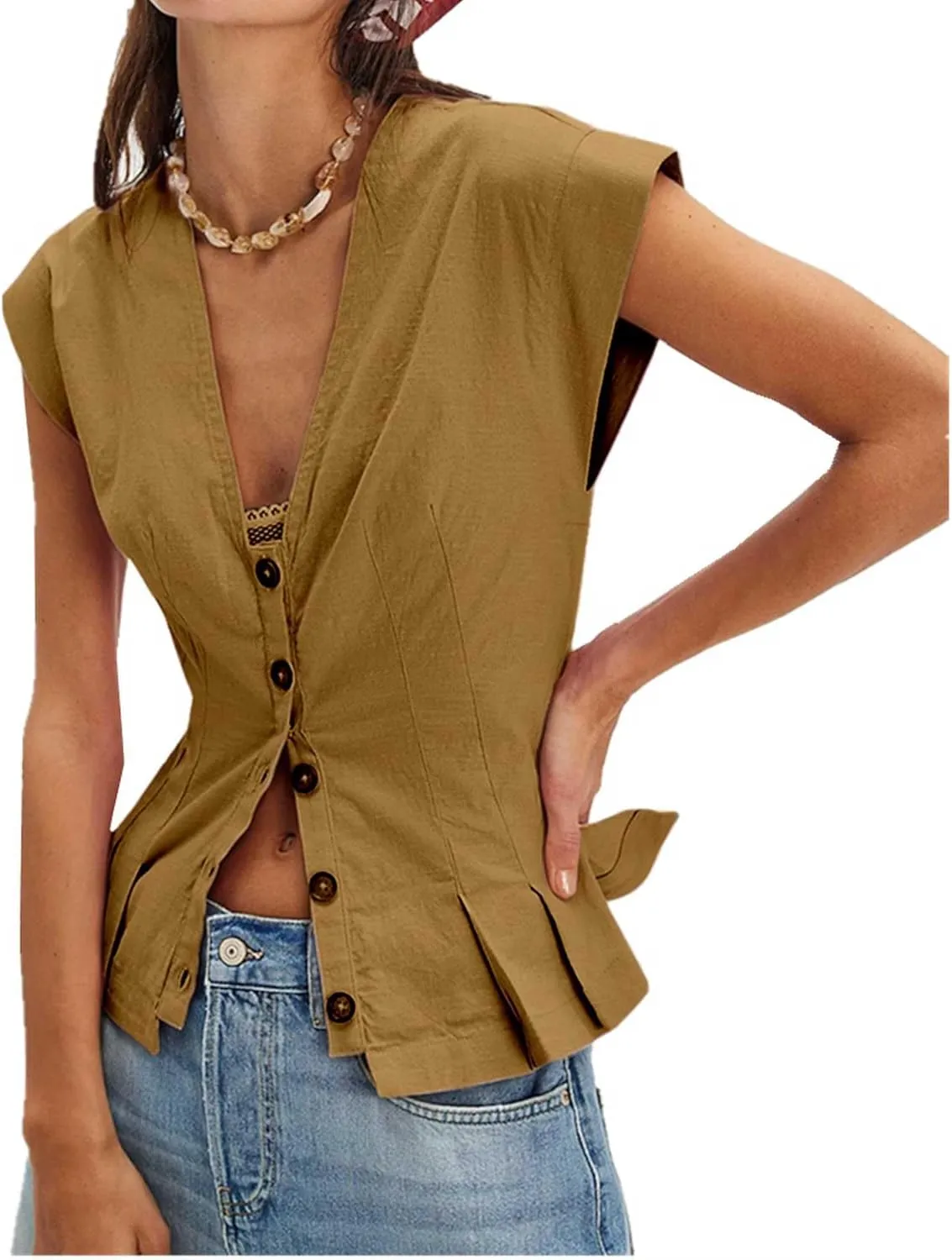 Womens V Neck Button Down Linen Vest Tops Cap Sleeve Fitted Tank Tops Summer Trendy Casual Waistcoat