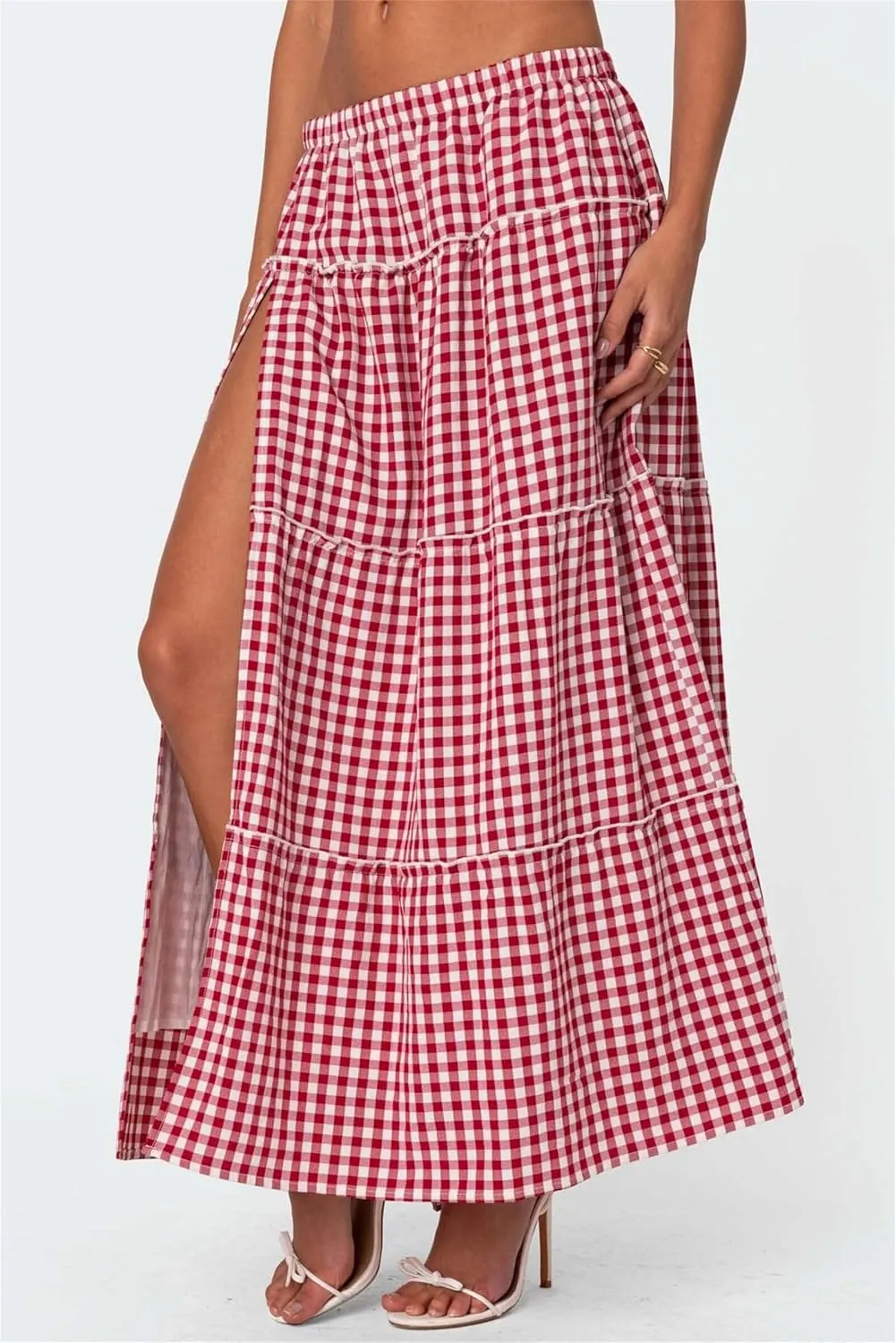 Women's Y2K Plaid Maxi Skirts Elastic Waist Side Slit Tiered Skirt Vintage Summer Flowy Gingham A Line Skirts