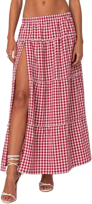 Women's Y2K Plaid Maxi Skirts Elastic Waist Side Slit Tiered Skirt Vintage Summer Flowy Gingham A Line Skirts