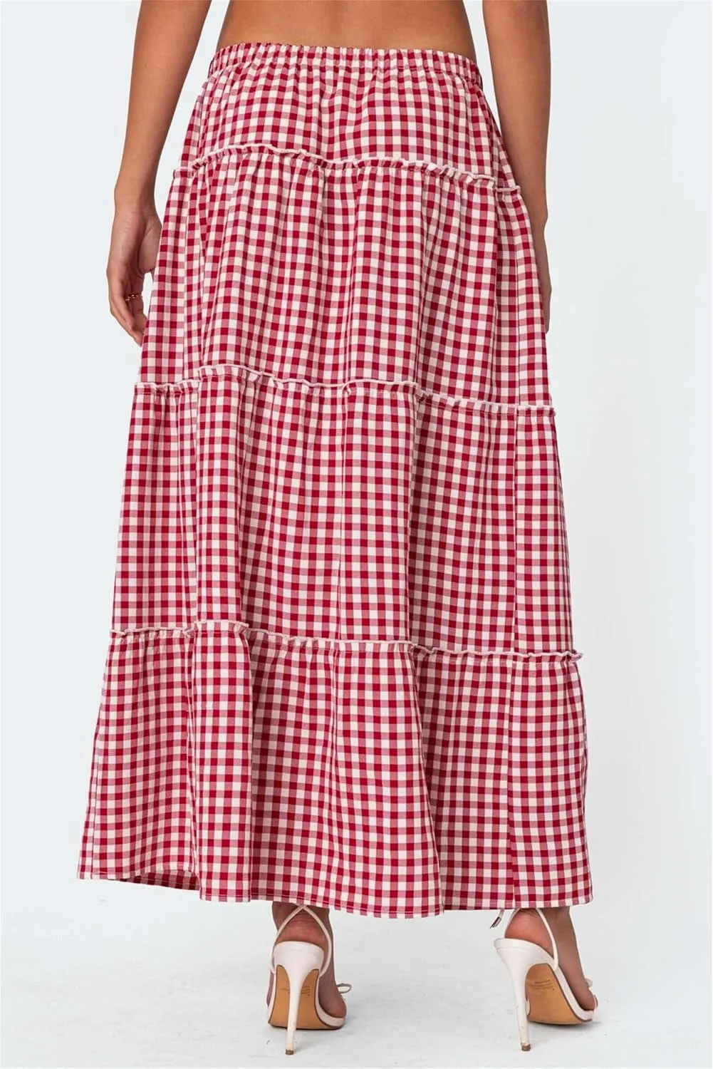 Women's Y2K Plaid Maxi Skirts Elastic Waist Side Slit Tiered Skirt Vintage Summer Flowy Gingham A Line Skirts