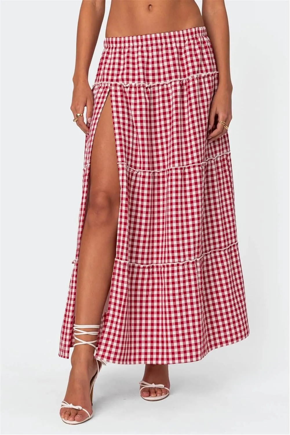 Women's Y2K Plaid Maxi Skirts Elastic Waist Side Slit Tiered Skirt Vintage Summer Flowy Gingham A Line Skirts